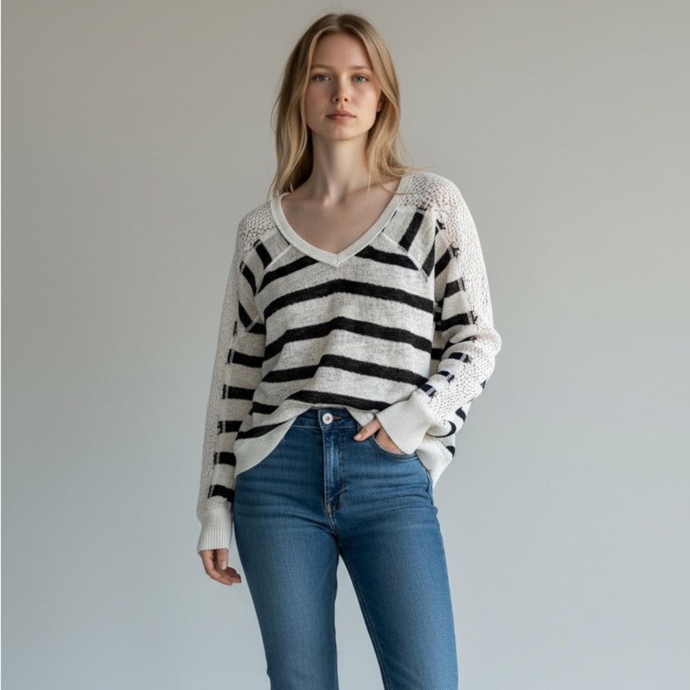 We The Free Black and White Striped V-Neck Slouchy Gauzy Sweater Top